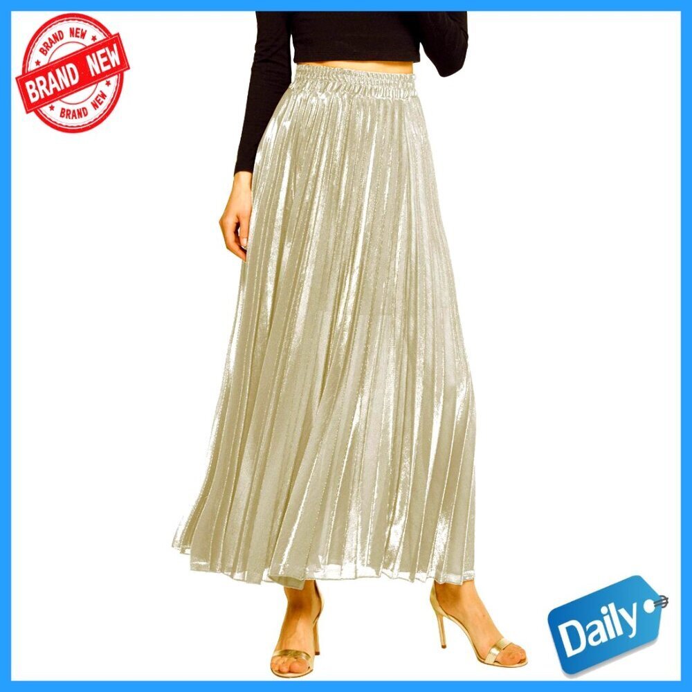 Metallic Pleated Maxi Skirt, High Waist, Pull On, Loose Fit, Party Wear